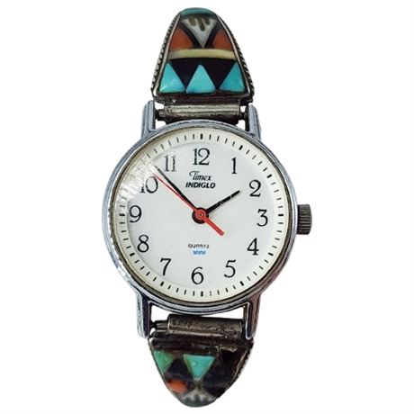 Signed Vintage John & Rosalie Bowannie Zuni Watch Tips on Timex Indiglo