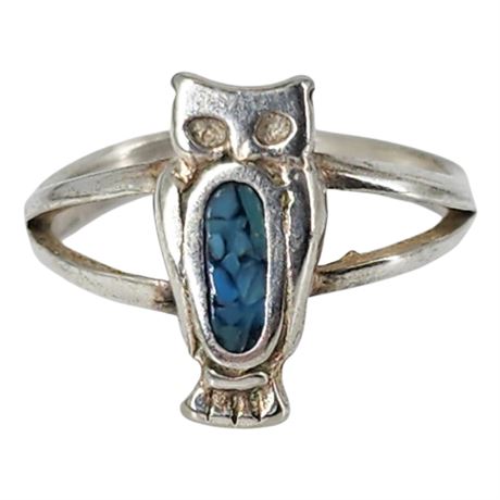 Vintage Silver Tone Turquoise Chips Owl Ring, Sz 5