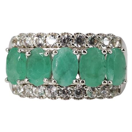 Signed Sterling Silver Multi-Stone Emerald & CZ Ring, Sz 8