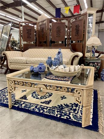 Classic Oriental Openwork Buttercream Wood Coffee Table with Glass Top