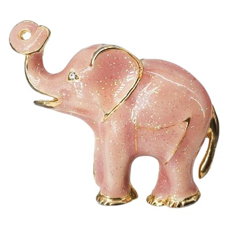 Vintage Pink Glitter Elephant Brooch w/ Rhinestone Eye