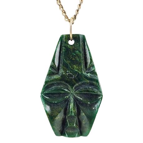 Vintage Carved Green Jasper Face Pendant Necklace