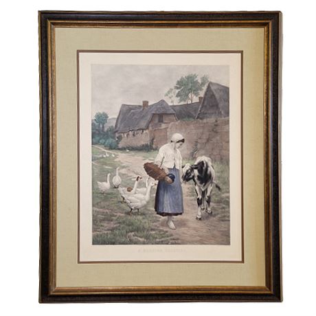 Vintage "A Morning Greeting" Hand-Colored Engraving