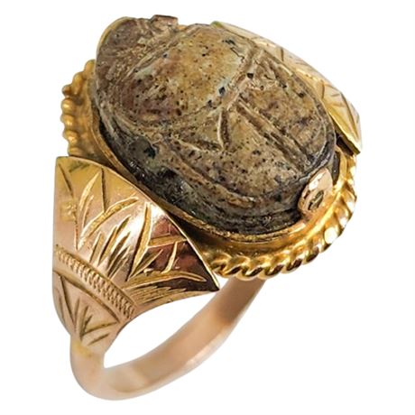 Vintage Egyptian 12K Gold Carved Stone Scarab Ring, Sz 5.5