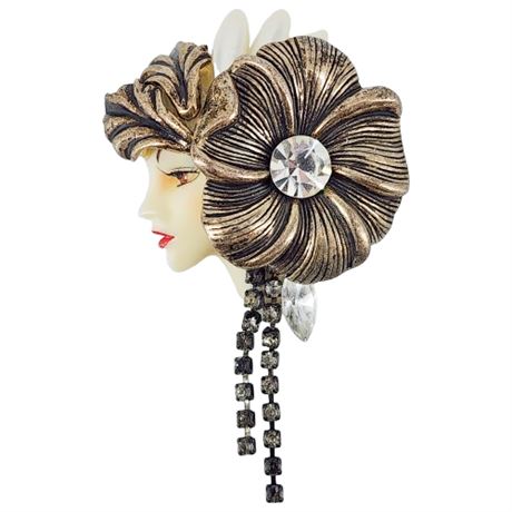 Vintage Glamorous Lady Head Brooch w/ Rhinestones