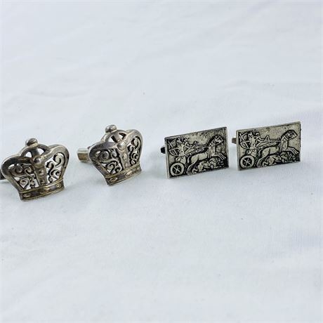 25g Sterling Cufflinks - 2 Pairs, Crowns + Horses