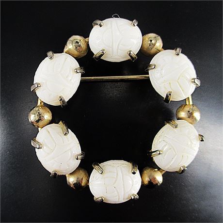 Vintage Milk Glass SCARAB Circle Pin