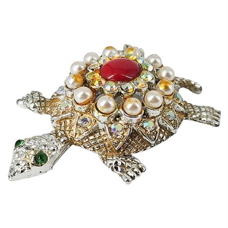 Vintage Faux Pearl & Rhinestone Turtle Brooch