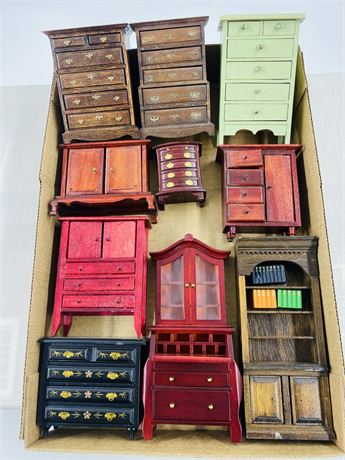 Elaborate Vtg Miniature Dressers + Bookshelves