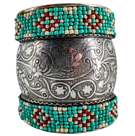 Wide Beaded Cuff Bracelet – Turquoise, Cream & Red Beads, Engraved Silver-Tone