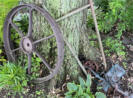 Antique Primitives Wagon Wheel and Corn Tool