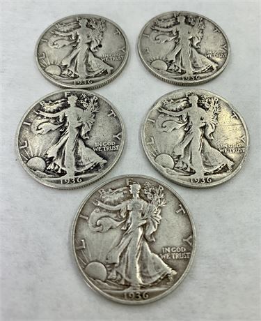 5 1936 Liberty Standing Half Dollar Coins