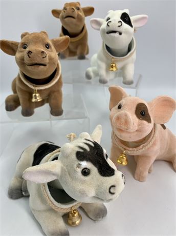 5 Velveteen Nodder Farmyard Pig & Cow Collectible Figurines