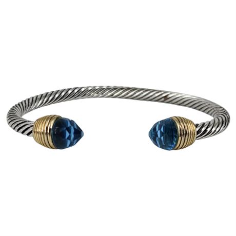 Two-Tone Cable Bracelet w/ Faceted Blue Crystal Ends