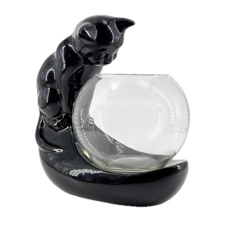 Vintage Haeger Pottery Black Cat with Fish Bowl Figurine