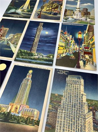 9 1940s-50s Moonrise Nightscape Downtown Travel Souvenir Postcards