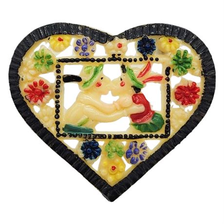 Vintage Japanese Celluloid Smoochers Floral Heart Brooch