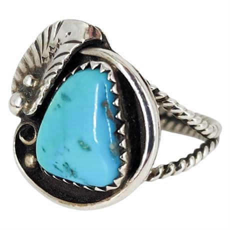 Signed Y&R Charley Navajo Sterling Silver Turquoise Ring, Sz 7