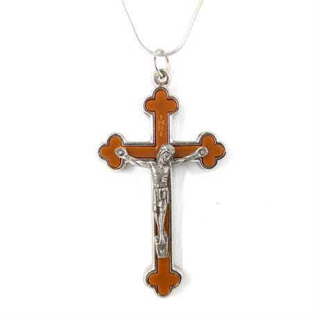 Two-Tone Crucifix Pendant Necklace – Silver-Tone Jesus on Orange Enamel Cross