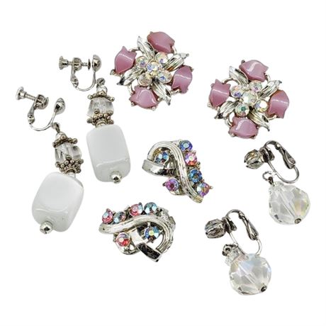 Four Pairs Vintage Silver Tone AB Rhinestone/Moonglow Lucite Clip Earrings