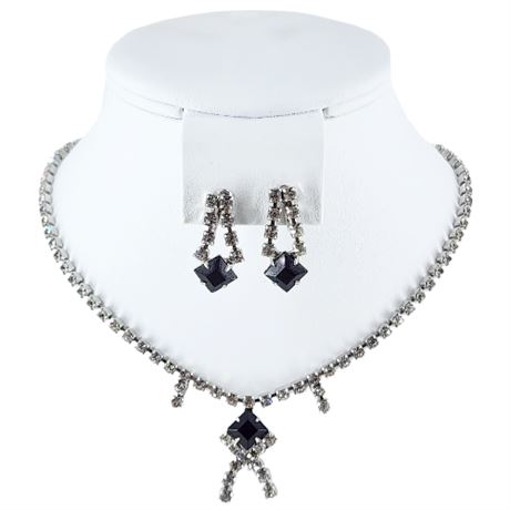 Vintage Prong Set Rhinestone Necklace & Screwback Earrings Set