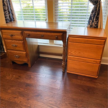Vintage Oak Kneehole Desk & Filing Cabinet