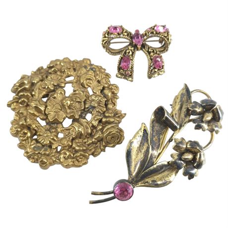 Blush & Golden Garden Brooch Trio - Pink Rhinestone Bow & Floral Pins