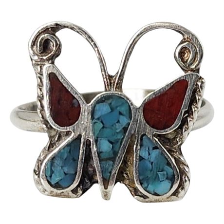 Vintage Sterling Silver Crushed Turquoise & Coral Butterfly Ring, Sz 7.25