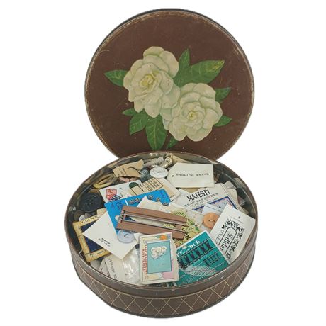 Buttons Galore and Other Sewing Notions in Vintage Tin