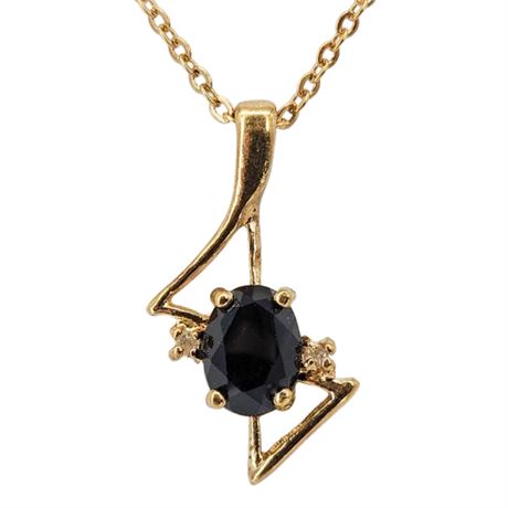 Vintage LIND Gold Tone Black Glass & Genuine Diamond Pendant Necklace