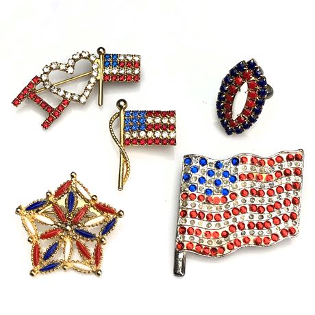 Vintage Jewelry Lot- Flag Patriotic Rhinestone Ring & Brooches