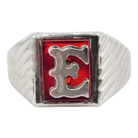 Vintage VARGAS Silver Tone Red Glass "E" Signet Ring, Sz 10