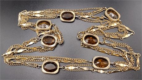 Gold tone triple chain amber colored glass necklace 52 inches