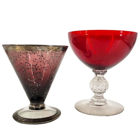 Vintage Mismatched Pair Red and Purple Glass Goblets