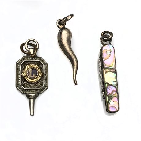 Vintage Sterling Italian Horn, Lions Club Pendant & Miniature FOB Knife