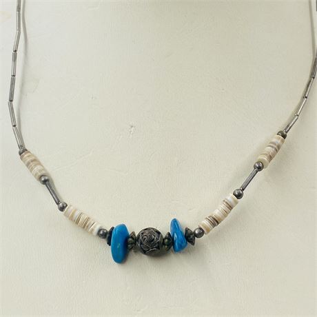 8.5g Vtg Navajo Turquoise, Bead + Sterling Necklace