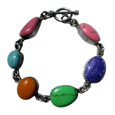 Vintage 925 Muti Colored Stone Toggle Bracelet