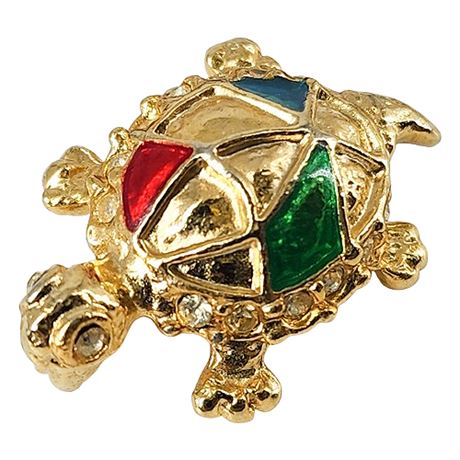 Vintage Signed Enamel & Rhinestone Mini Turtle Brooch