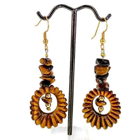 Tiger’s Eye Dangle Earrings with Carved Hoop Accents