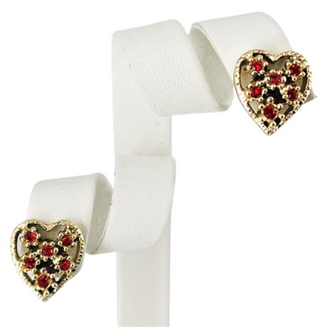 Vintage Small Gold Tone Rhinestone Heart Clip Earrings