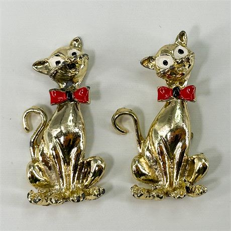 Vintage Pair of Gold-Tone Cat Brooches