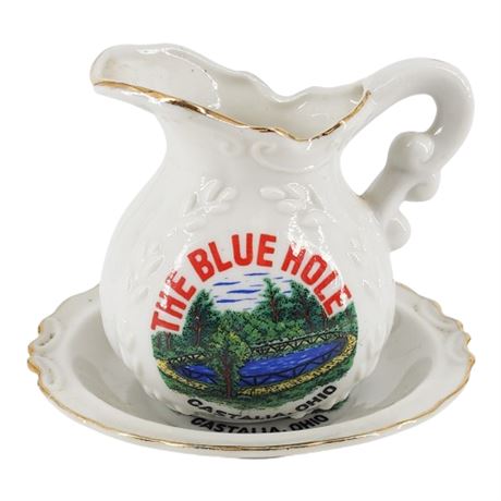 Vintage "The Blue Hole" Castalia, OH Mini Pitcher & Saucer Souvenir Set