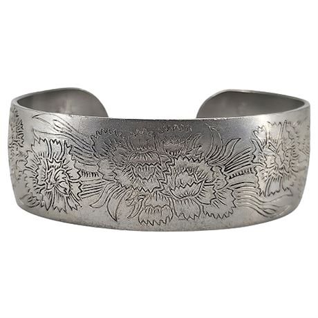 Signed Vintage LEONARD Pewter January Flower Carnation Cuff Bracelet
