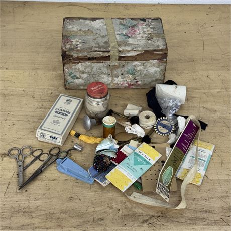 Sewing Supplies in Wallpaper Covered Box