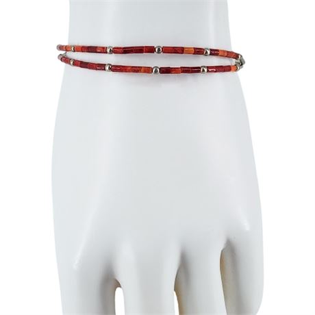 Vintage Native American Liquid Silver Red Coral Beaded Bracelet