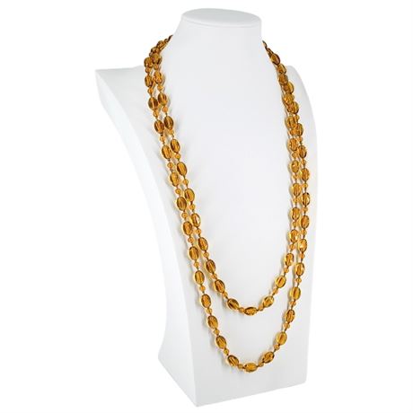 Vintage Hand Knotted Amber Glass Oval Beaded Flapper Necklace