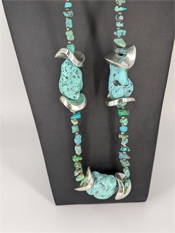 17" Long Faux Turquoise Necklace + Silver tone modern beads