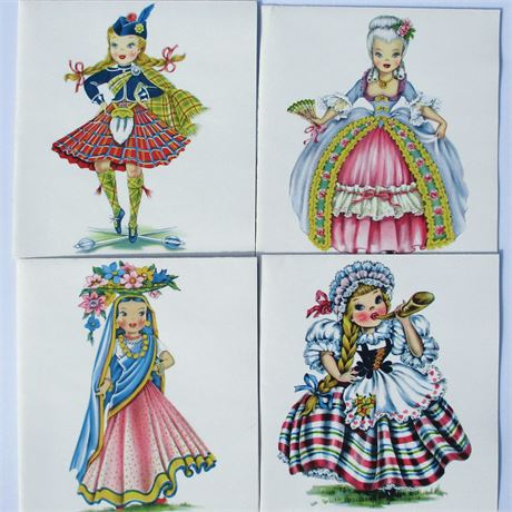 4 Vintage DOLLS of MANY LANDS Note Cards & Envelopes UNUSED