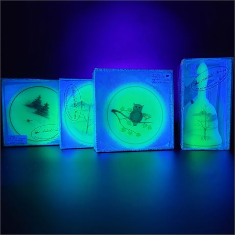 Vintage 4pc Fenton Hand-Painted UV Reactive Ornaments and Bell in Box