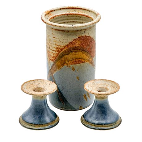 Vintage Signed Thistlecroft Stoneware Pottery Vessel & 2 Candle Holders